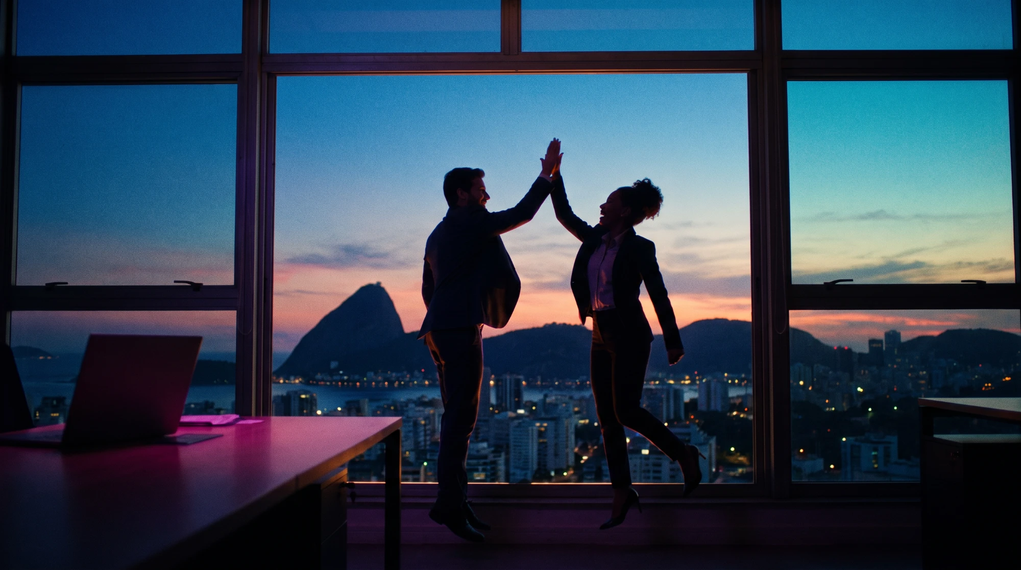Profissionais comemorando resultado em escritório com vista para o Rio de Janeiro
